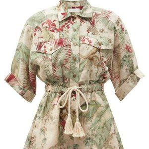 Zimmermann Cassia Jungle-Print Drawstring Linen Playsuit